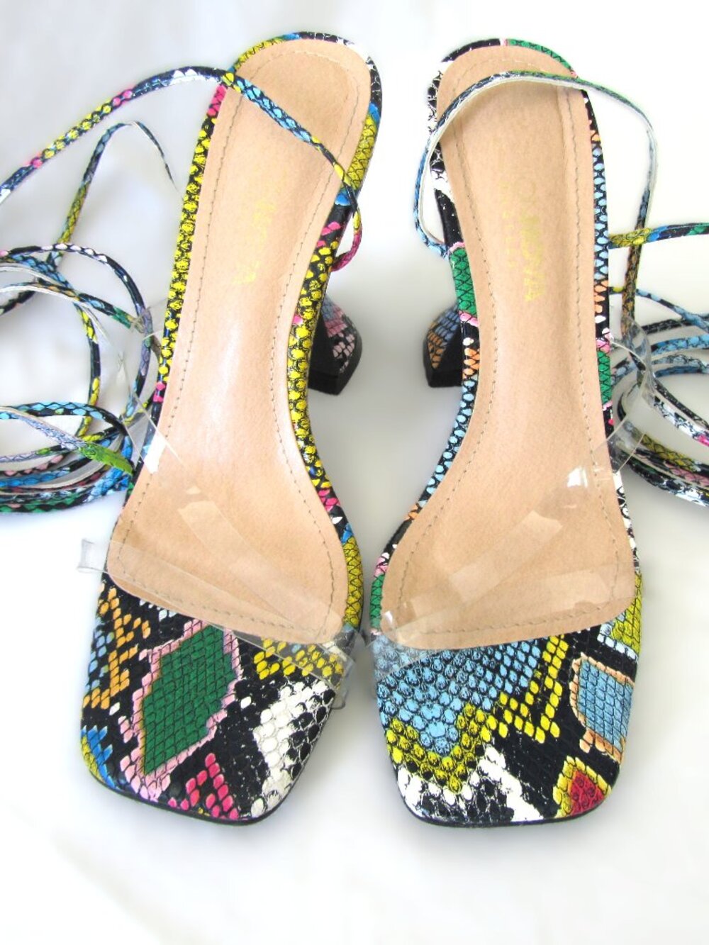NEW Multicolor Snakeskin Lace-Up High Sculpted Heel Sandals Sz. 7
